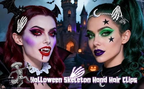 Halloween Hair Clips Skeleton Hands Bone 6Pcs White and Black, Punk Rock Horror Alligator Barrettes Hair Clip for Women Girls Hair Accessories(Hairpin, 6 Pcs) - Thumbnail 6