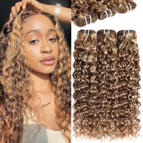 3 Tones 4/27/613 Sun-kissed Blonde Highlight Bundles Human Hair Weave for Black Women Ombre Brown Water Wave Virgin Hair 3 Bundles/Pack 14 16 18 Inch 100g/Bundle