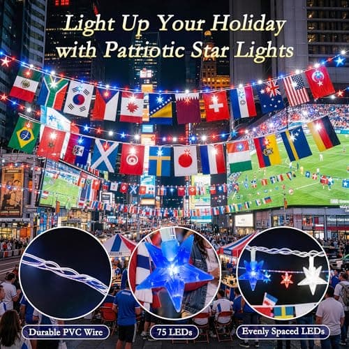 Soagrc 2026 World Cup String Lights Outdoor, 49FT 75 LED Red White Blue Stars Patriotic String Lights Indoor with 48 Country Flags USB Powered for World Cup Party, Independence Day, Sports Events, Bar - Thumbnail 2