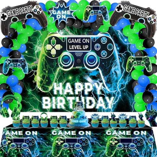 Video Game Party Decorations Set – Gamer Birthday Supplies with Backdrop, Table Cover, Hanging Swirls, Cake Toppers, Foil Balloons for Boys & Kids