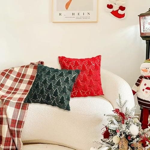 Psythuor 2Pack Christmas Decorative Pillow Covers 20x20 Inch, 3D Xmas Tree Soft Fluffy Plush Sequin Winter Holiday Decor Pillow Cover with Zipper for Couch Bed Sofa Living Room, Green - Thumbnail 5