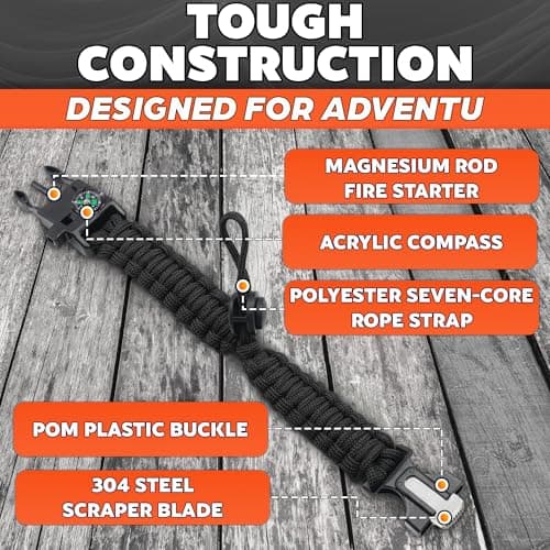 Paracord Bracelets for Men and Women – Adjustable Survival Paracord Bracelet with 11.8 ft Nylon Cord, Flint Fire Starter, Compass, Whistle & Scraper – Camping, Hiking, Fishing Gear (Black & Orange) - Thumbnail 3