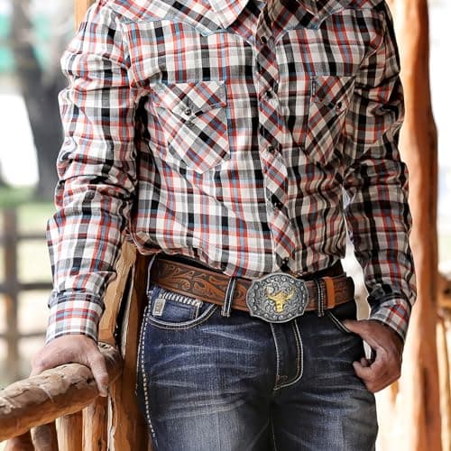 SANSTHS Mens Cowboy Belt Western Bull Buckle Belt for Men Womens Floral Embossed Leather Belts for Jeans, Brown - Thumbnail 4