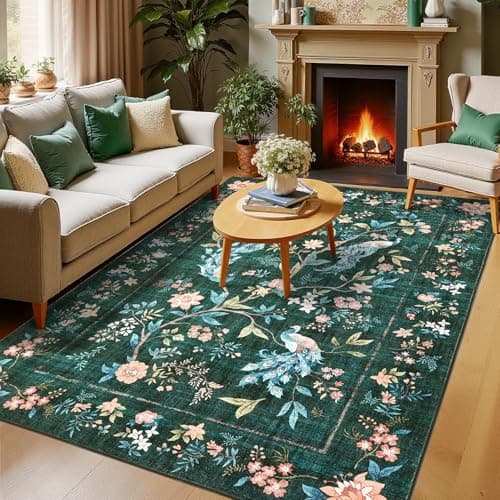 GarveeHome 5x7 Area Rug Dark Green Washable Rugs for Living Room Bedroom, Soft Low Pile Non Slip Accent Floor Mat Floral Peacock Animal Print Throw Rug Indoor Carpet Dining Room Playroom - Image 1