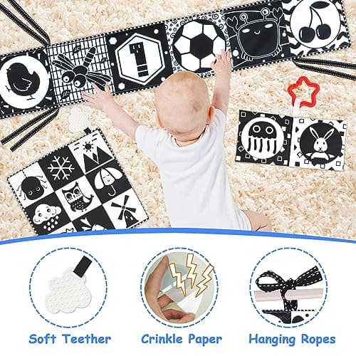 KUANGO Newborn Toys Black and White Baby Toys 0-3 Months High Contrast Baby Toys for Newborn - High Contrast Baby Soft Book Infant Tummy Time Toys Crinkle Sensory Toys for Brain Development - Thumbnail 3