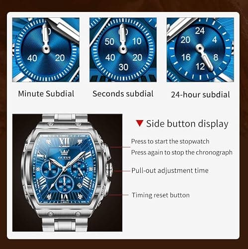 OLEVS Watches Men Blue Face Rectangle Tonneau Fashion Fancy Silver Stainless Steel Dress Wrist Watches Waterproof Chronograph Luminous Battery Luxury Big Dial Watches for Men Relojes para Hombres - Thumbnail 6
