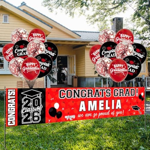 NUTTYBASH Graduation Party Decorations, Red Personalized Class of 2026 Graduation Banner with 78 Alphabet Stickers and Balloons, Congrats Banner for College High School Party Supplies - Image 1
