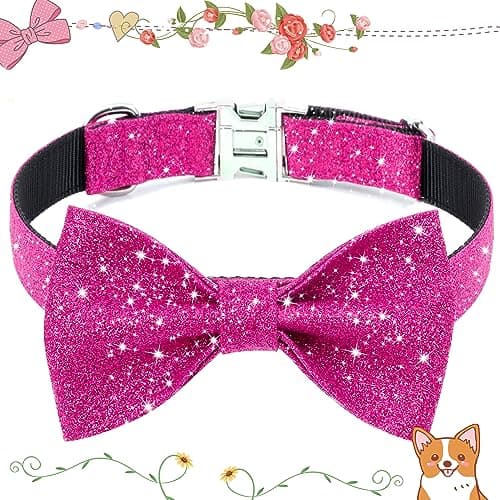 Jumpress Girl Dog Collar with Bow, Bling Female Bowtie Dog Collar for Puppy Small Medium Dogs Daily Walking or Holiday Party (Hot Pink, Neck fit 11-16’’) - Thumbnail 2