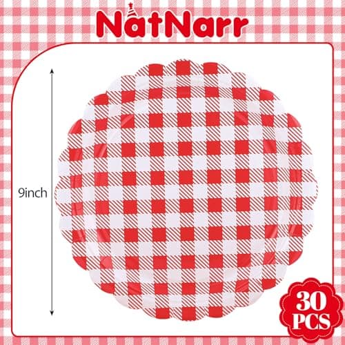 NatNarr 30 Pcs Red Gingham Plates, 9 Inch Scalloped Camping Plaid Dessert Dinner Party Plates Red and White Gingham Party Supplies for Picnic, Bbq Party, Graduation - Thumbnail 2