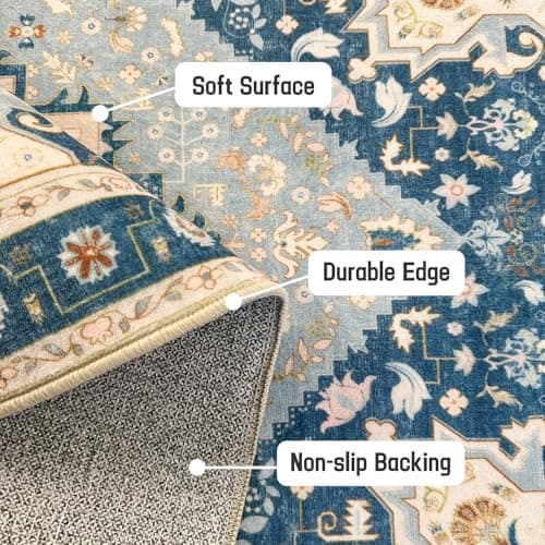 Washable Area Rugs, Bohemian Large Carpet for Living Room Bedroom,8'x 10' Blue - Thumbnail 3