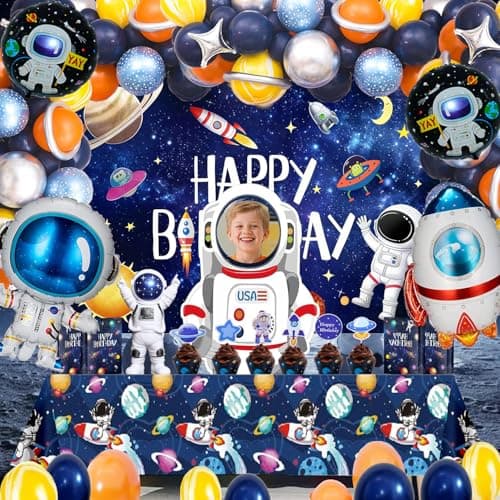 Outer Space Birthday Party Decorations – Space Theme Set with Backdrop, Tablecloth, Rocket & Astronaut Foil Balloons, Star Balloons, Cake Topper & Latex Balloons for Space Themed Party, Room Decor - Thumbnail 4