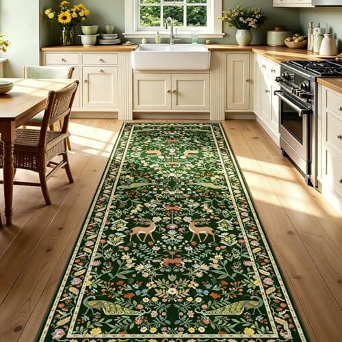 Lunasun Green Washable Floral 2x6 Runner Rug for Hallway- Stain Resistant Kitchen Runners, Botanical & Animal Indoor Floor Mat for Bathroom, Soft Non Slip with Rubber Backed - Thumbnail 2