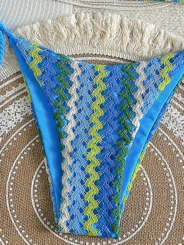 ZAFUL 2 Piece Triangle Bikini for Women Knitted Rope Halter Bikini Sets Sexy Bathing Suit Side Tie Swimsuits Beachwear Blue M - Thumbnail 4