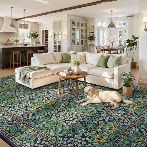 Lessymo Floral Living Room Rug 8x10 Area Rugs, Vintage Forest Washable Rugs for Dining Room Bedroom, Low Pile Non Slip Rubber Green Mat, Distressed Retro Indoor Boho Carpet, Forest Green - Thumbnail 3