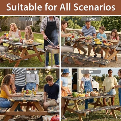 Jobunai Picnic Table Cover with Bench Covers Fitted Waterproof Camping Tablecloth with Elastic for 8Ft Rectangle Tables Outdoor Travel Rv Essentials Summer Vacation Accessories Gift for Men Women - Thumbnail 5