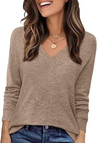 JUSTFASHIONNOW Tops for Women Trendy Long Sleeve Shirt V Neck Tunic Tops Loose Fit Dressy Plus Size Blouses Fall Sweaters Basic Tees Winter Clothing 2025 (Brown,XX-Large) - Thumbnail 2