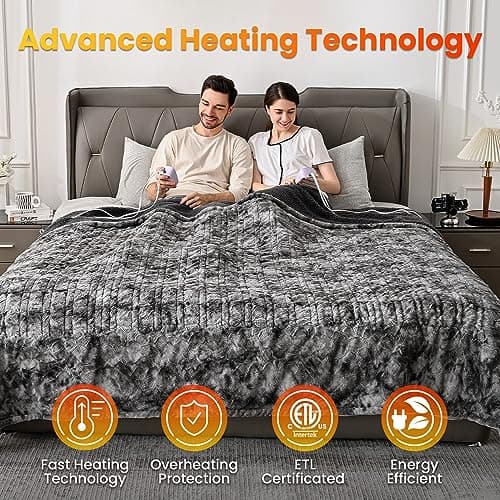 WOOMER Heated Blanket King Size, Dual Control, Electric Blanket 90"x 100", Double-Sided Faux Fur&Sherpa, Overheat Protection, 10 Heating Levels & 12H Auto Off, CPF, Home Office - Thumbnail 5