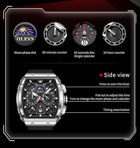 OLEVS Black Watches for Men 3ATM Waterproof Chronograph Men Watch Analog Quartz 44mm Square Watch for Men with Date Silver Bezel Silicone Strap Professional Look for Office Daily Wear - Thumbnail 4
