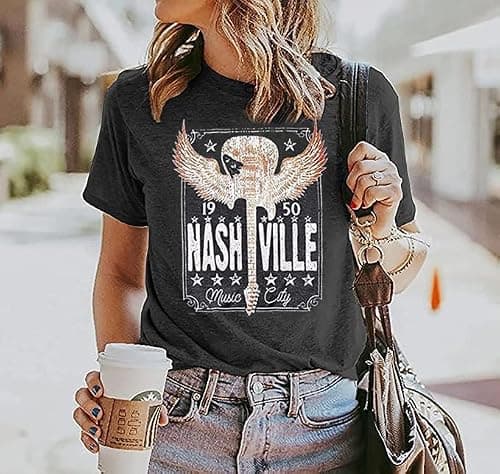 Womens Nashville Shirts Country Music Concert Tshirts Vintage Graphic Short Sleeve Tees for Women Black S - Thumbnail 2
