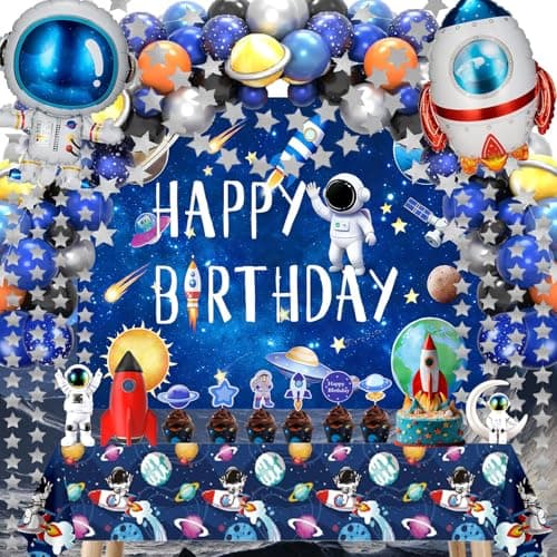 Outer Space Birthday Party Decorations – 96Pcs Set with Backdrop, Table Cover, Star Garland, Rocket & Astronaut Foil Balloons, Cake Topper, Latex Balloons for Space Party, Room Decor - Image 1