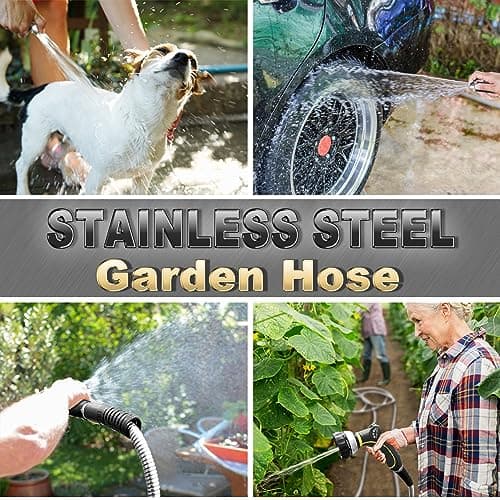 TheFitLife Flexible Metal Garden Hose - Upgrade Leak and Fray Resistant Design, Stainless Steel Water Hose with Solid Fittings and Sprayer Nozzle, Lightweight Kink Free Durable Easy Storage (75 FT) - Thumbnail 4
