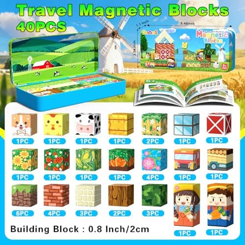 Mini Magnetic Blocks, Magnet Building Cubes, Farm Animal Travel Outdoors Toys with Portable Iron Box, STEM Montessori Sensory Educational Toys for Toddlers, Gift for Kids Ages 3-8 Boys & Girls - Thumbnail 2