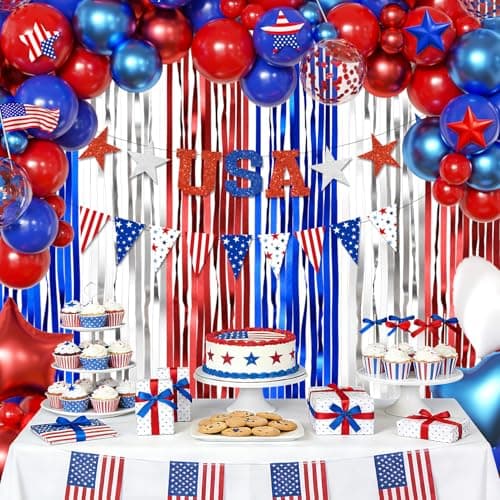 4th of July Decorations, Red Blue White Balloons Confetti Foil Balloons American Flag USA Banner Fringe Curtains for Fourth of July Independence Day Patriotic Memorial Day Decorations - Thumbnail 4