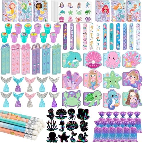 CHEPULA 120Pcs Mermaid Party Favors - Stickers, Pencils, Notebooks, Stampers, School Stationery Bulk for Mermaid Birthday Decorations, Candy Goodie Bags, Classroom Rewards, Pinata Supplies (12Set) - Image 1