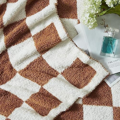 WRENSONGE Fall Checkered Throw Blanket, Burnt Orange Soft Cozy Fluffy Warm Hand Made Throw Blankets for Couch, Sofa, Chair, Bed, Camping, Picnic, Travel Lightweight Bed Blanket - 50"*60" - Thumbnail 6