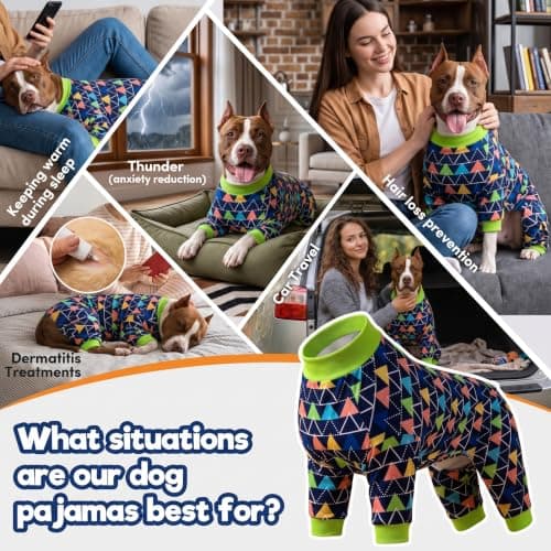 LovinPet Dog PJS Onesies for Medium Dogs, Blue Triangle Print, Post Surgery Shirt, UV Protection, Pet Anxiety Relief, Wound Care Onesie for Large Dog,Large - Thumbnail 4