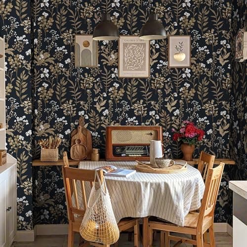 Abyssaly 34.6" x 196.8" Black and Gold Wallpaper Dark Floral Peel and Stick Wallpaper Vintage Leaf Contact Paper Removable Self Adhesive Waterproof Moody Vinyl Wrap for Bedroom Bathroom Cabinet Decor - Thumbnail 2