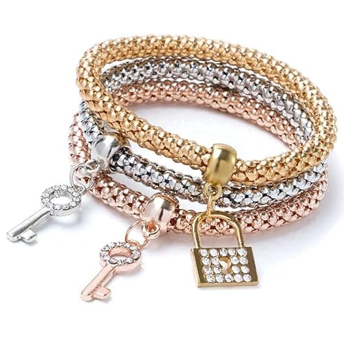 Alegend Three-Color Multi-Layer Beaded 14K Bracelet Set - Crystal Lock & Key Charms Bracelet Set - Image 1