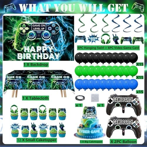 Video Game Party Decorations Set – Gamer Birthday Supplies with Backdrop, Table Cover, Hanging Swirls, Cake Toppers, Foil Balloons for Boys & Kids - Thumbnail 3