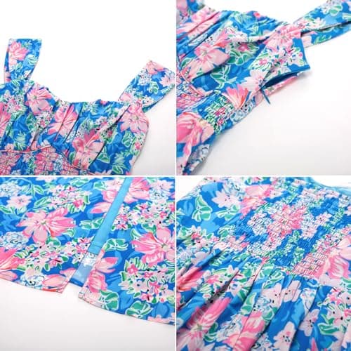 GRACE KARIN Summer Floral Dress for Women 2026,Off the Shoulder Smocked Bridesmaid Dresses,Formal Baby Shower Maxi Dresses Blue Pink M - Thumbnail 5