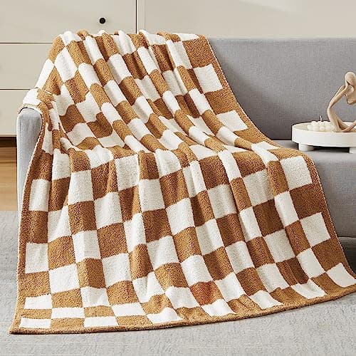 WRENSONGE Fall Checkered Throw Blanket, Burnt Orange Soft Cozy Fluffy Warm Hand Made Throw Blankets for Couch, Sofa, Chair, Bed, Camping, Picnic, Travel Lightweight Bed Blanket - 50"*60" - Thumbnail 2