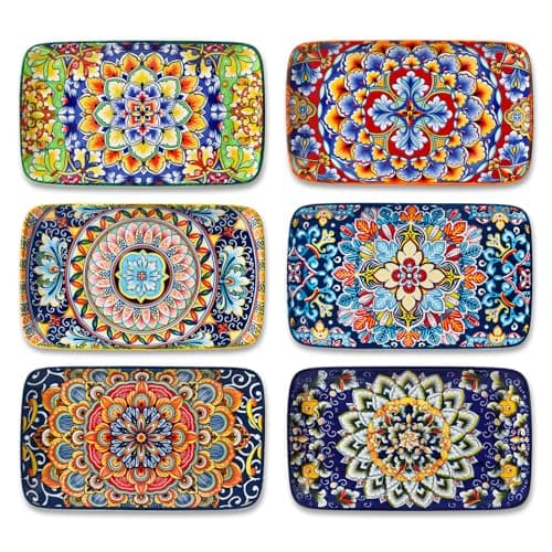 vancasso Simi 6-Piece Rectangular Ceramic Plates Set, 8.5" x 5.1" Small Dessert & Sushi Plates, Bohemian Appetizer Serving Plates, Microwave & Oven Safe Porcelain Plates - Image 1