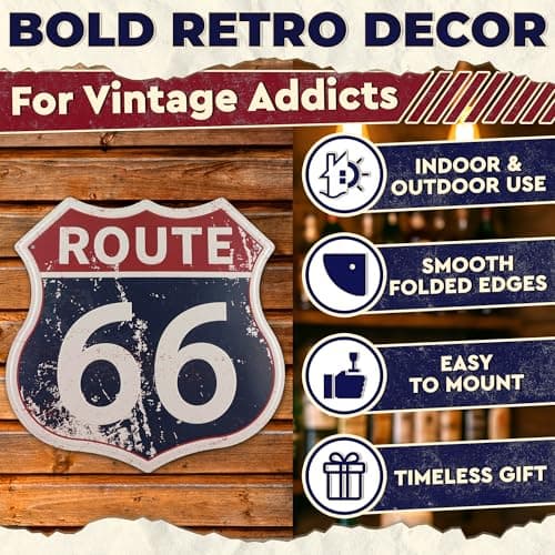 Route 66 Sign - Easy to Hang Tin Signs Vintage Style 12×12 Inch | Route 66 Decor For Bedroom, Man Cave, Garage, Workshop, Bar, Cafe - Retro Road Signs Cars Wall Decor for Gifting and Party Decoration - Thumbnail 4