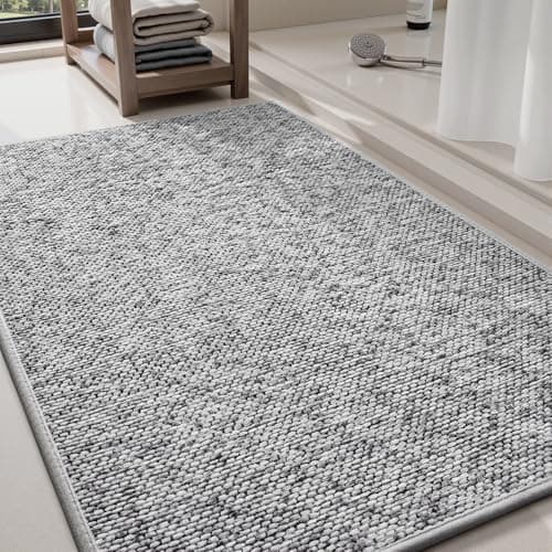 PADOOR Thin Bath Mats, Braided Bath Mats for Bathroom, No-Slip Rubber Backed Bath Rugs, Machine Washable & Quick Dry Absorbent Bathroom Mat (17"x28", Grey)