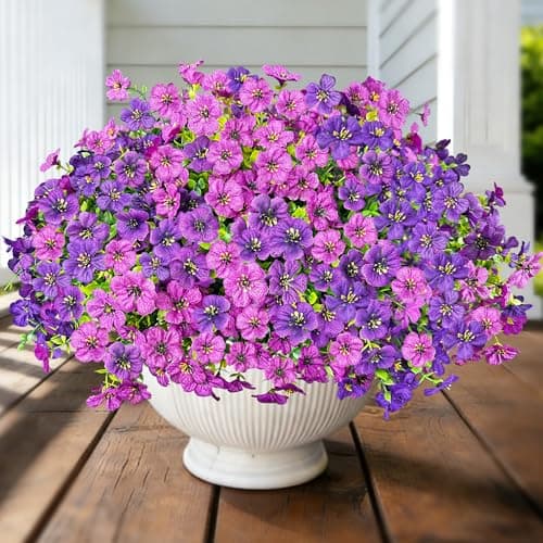 QSPEROV Artificial Flowers for Outdoor Indoor Decoration, Faux Flower Daisy with Eucalyptus Leaves Fake Plants Dried Flower Greenery Boxwood Porch Patio, 12 Bundles (Deep Purple Light Purple) - Image 1