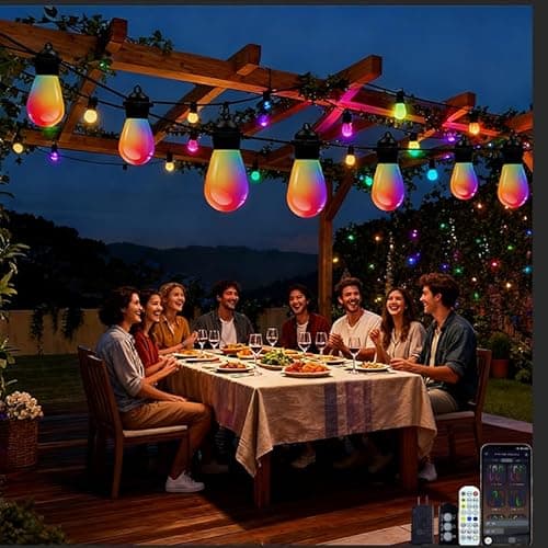 AurNyvaMay Outdoor String Lights S14, Smart Patio Lights with 15 Shatterproof LED Bulbs, APP & Remote Control, 213 Scene Modes, IP67 Waterproof for Garden, Wedding, Party, Camping