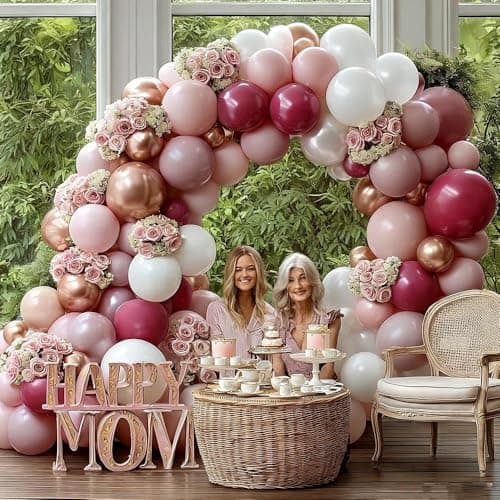 Dusty Rose Pink Balloon Garland Double Stuffed Dark Pink Mauve Pearl White Latex Balloons Blush Cream Balloon Arch Kit for Birthday Bridal Baby Shower Wedding Mother's Day Party Decorations - Thumbnail 5