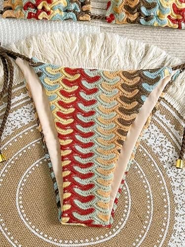 ZAFUL 2 Piece Triangle Bikini for Women Knitted Rope Halter Bikini Sets Sexy Bathing Suit Side Tie Swimsuits Beachwear 4-Bronze L - Thumbnail 6
