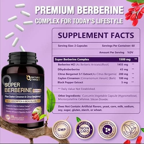 NATURE TARGET Berberine Supplement 1500mg, Higher Absorption Berberine HCL Complex with Citrus Bergamot - Supports Gastrointestinal & Immune, Non-GMO, 120 Capsules - Thumbnail 2