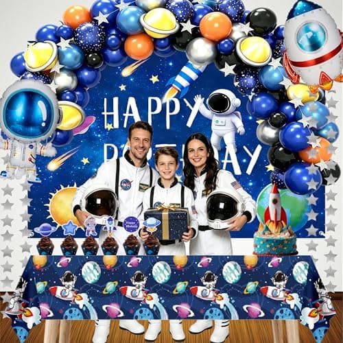 Outer Space Birthday Party Decorations – 96Pcs Set with Backdrop, Table Cover, Star Garland, Rocket & Astronaut Foil Balloons, Cake Topper, Latex Balloons for Space Party, Room Decor - Thumbnail 2
