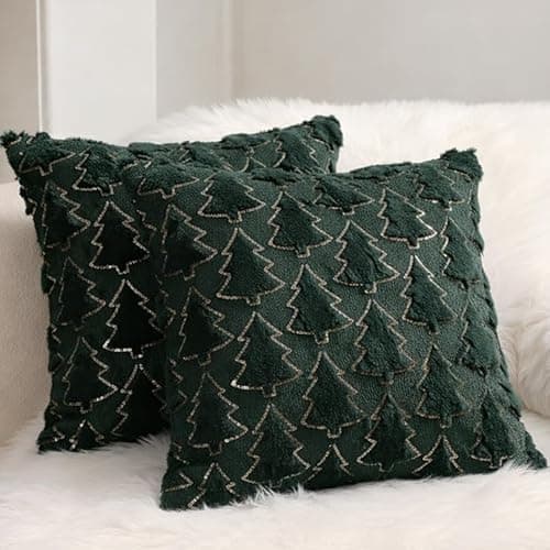 Psythuor Textured Decorative Pillow Covers, 2Pack 18x18 Inch Minimal Nordic Tree Pattern Cushion Covers, Soft Plush Fabric with Zipper for Sofa Couch Bed Home Decor, Green - Image 1