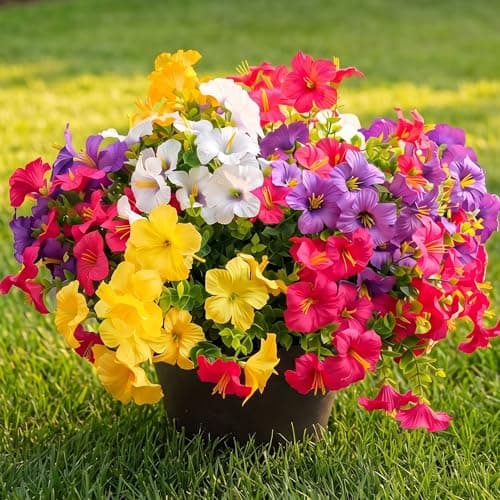 Vemander Artificial Flowers for Outdoors Fake Plants Outside Decoration, 12 Bundles Silk Petunia with Eucalyptus UV Resistant Realistic Faux Flowers for Outdoor Planters Garden Balcony (4 Color) - Image 1
