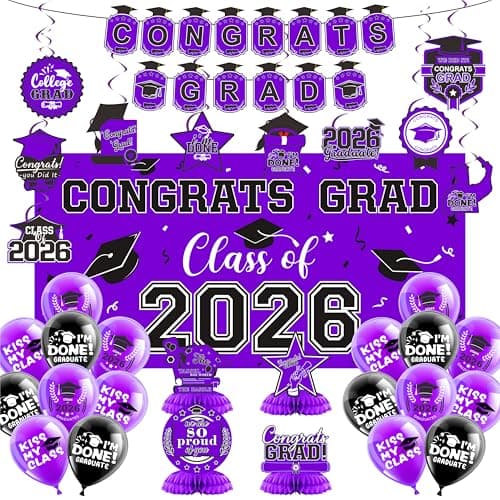 2026 Graduation Decorations Set- Class of 2026 Grad Party Decorations, Congrats Grad Banner, Backdrop, Grad Hanging Swirl, Balloons and Honeycomb Table Toppers, Graduation Party Supplies