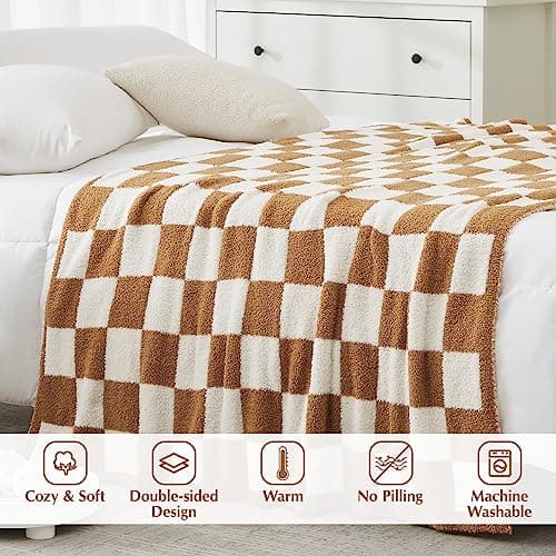 WRENSONGE Fall Checkered Throw Blanket, Burnt Orange Soft Cozy Fluffy Warm Hand Made Throw Blankets for Couch, Sofa, Chair, Bed, Camping, Picnic, Travel Lightweight Bed Blanket - 50"*60" - Thumbnail 4