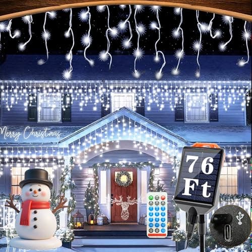 Aolupal Upgraded 640LED Solar Christmas Icicle Lights Outdoor Waterproof,60+16FT 13 Modes & USB Rechargeable Solar Powered Icicle Light for Roof House Yard Christmas Outdoor Decoration (Cool White) - Image 1