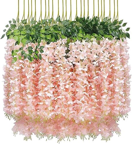 U'Artlines 48 Pack (Total 172.8 Feet) Artificial Fake Wisteria Vine Rattan Hanging Garland Silk Flowers String Home Party Wedding Decor (48, Light Pink)